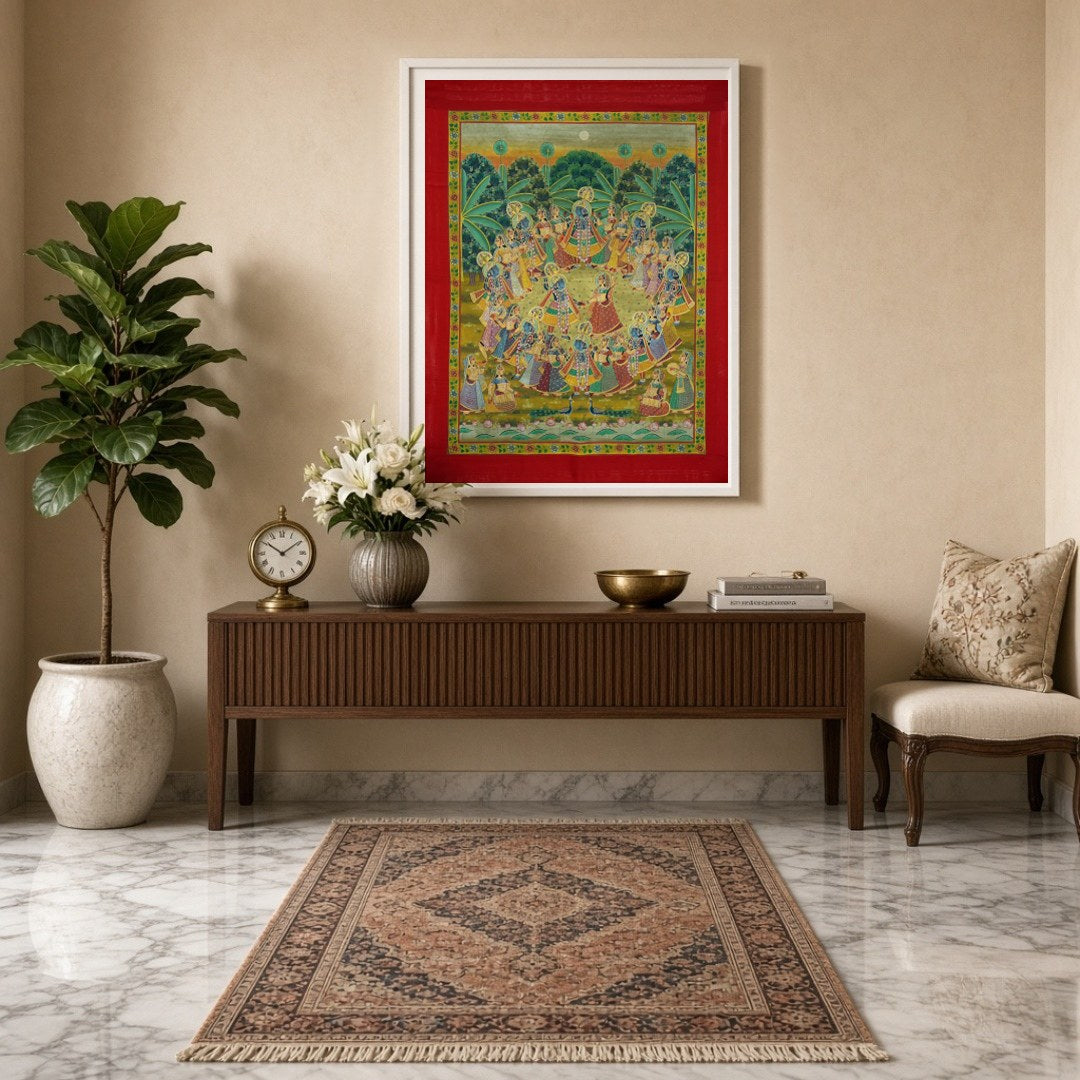 Experience the divine dance of Krishna and Radha with the Gopis in this enchanting Pichwai artwork. for Entrance