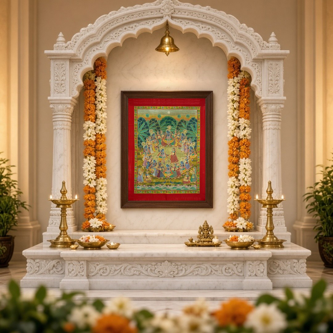 Experience the divine dance of Krishna and Radha with the Gopis in this enchanting Pichwai artwork. for Home Temple
