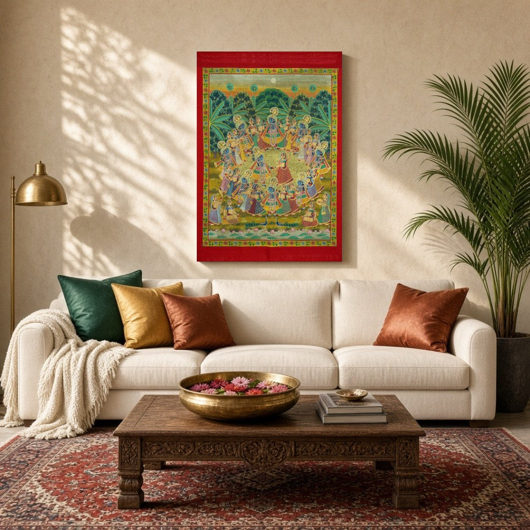 Experience the divine dance of Krishna and Radha with the Gopis in this enchanting Pichwai artwork. for Living Room
