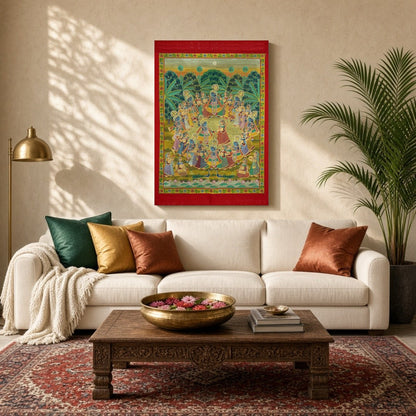 Experience the divine dance of Krishna and Radha with the Gopis in this enchanting Pichwai artwork. for Living Room