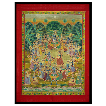 Experience the divine dance of Krishna and Radha with the Gopis in this enchanting Pichwai artwork. for residence