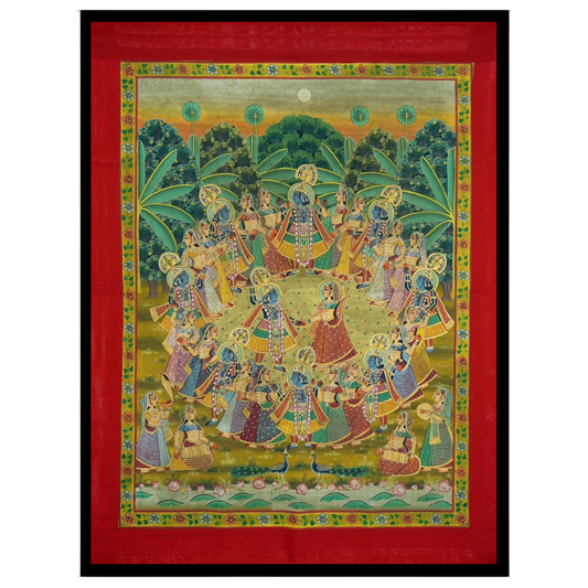 Experience the divine dance of Krishna and Radha with the Gopis in this enchanting Pichwai artwork. for residence