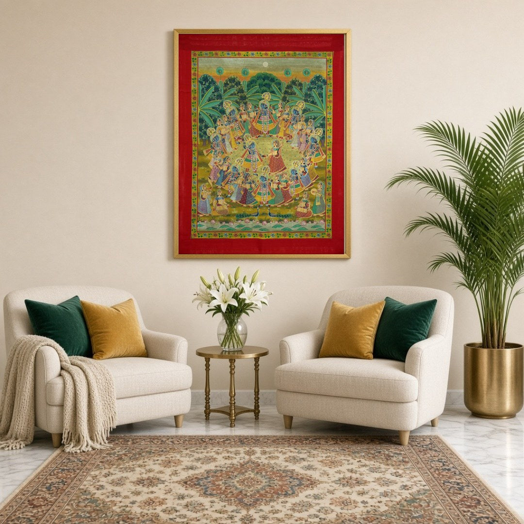 Experience the divine dance of Krishna and Radha with the Gopis in this enchanting Pichwai artwork. for Sitting Lounge