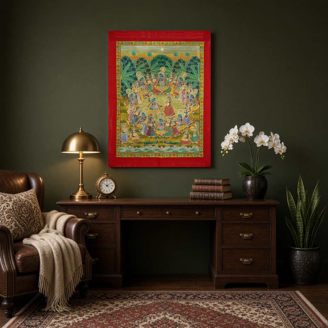 Experience the divine dance of Krishna and Radha with the Gopis in this enchanting Pichwai artwork. for Study
