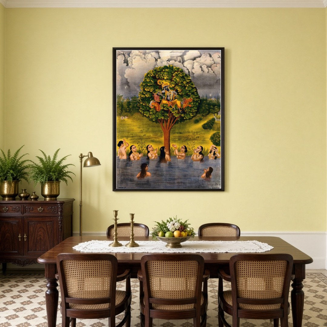 Immerse yourself in the divine allure of Krishna poised gracefully on a vibrant tree, surrounded by for Dining