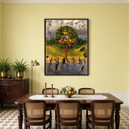 Immerse yourself in the divine allure of Krishna poised gracefully on a vibrant tree, surrounded by for Dining