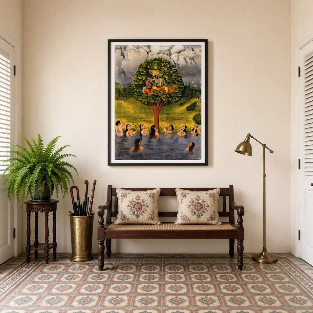 Immerse yourself in the divine allure of Krishna poised gracefully on a vibrant tree, surrounded by for Entrance