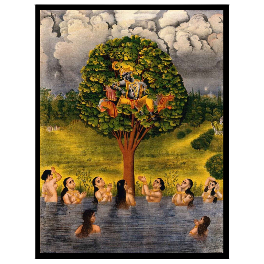 Immerse yourself in the divine allure of Krishna poised gracefully on a vibrant tree, surrounded by for hallway