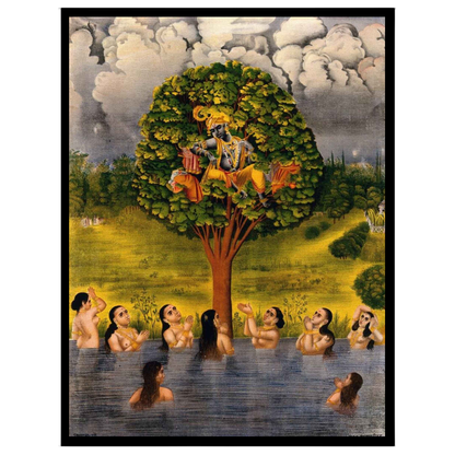 Immerse yourself in the divine allure of Krishna poised gracefully on a vibrant tree, surrounded by for hallway