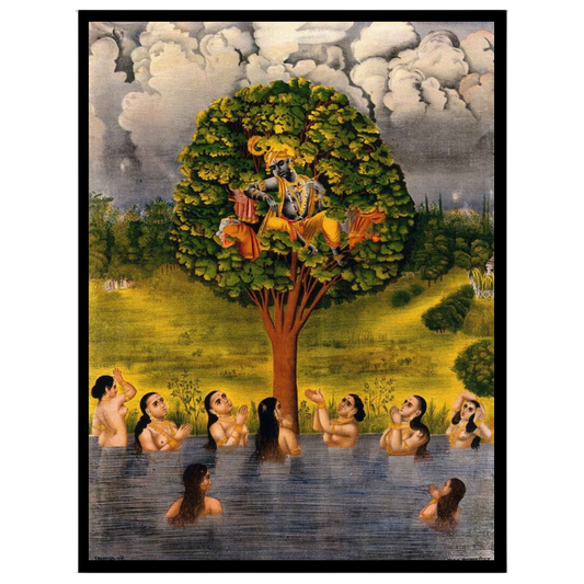 Immerse yourself in the divine allure of Krishna poised gracefully on a vibrant tree, surrounded by for hallway