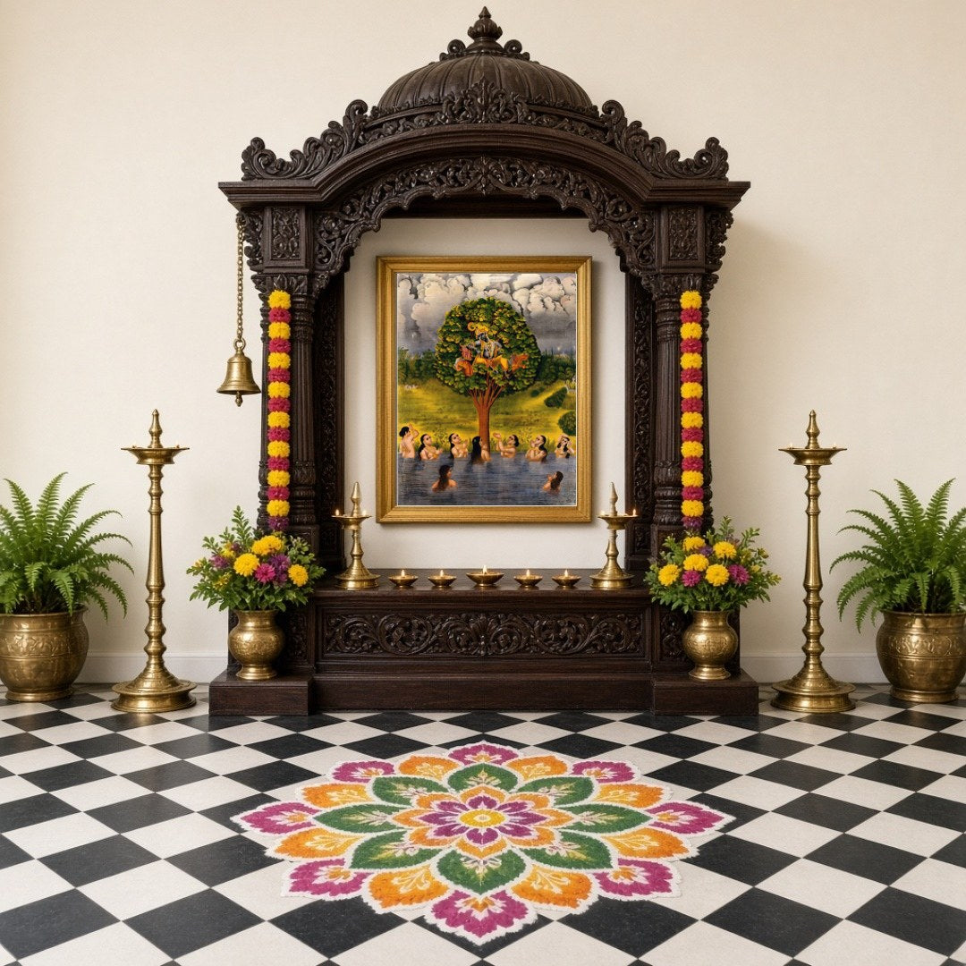 Immerse yourself in the divine allure of Krishna poised gracefully on a vibrant tree, surrounded by for Home Temple