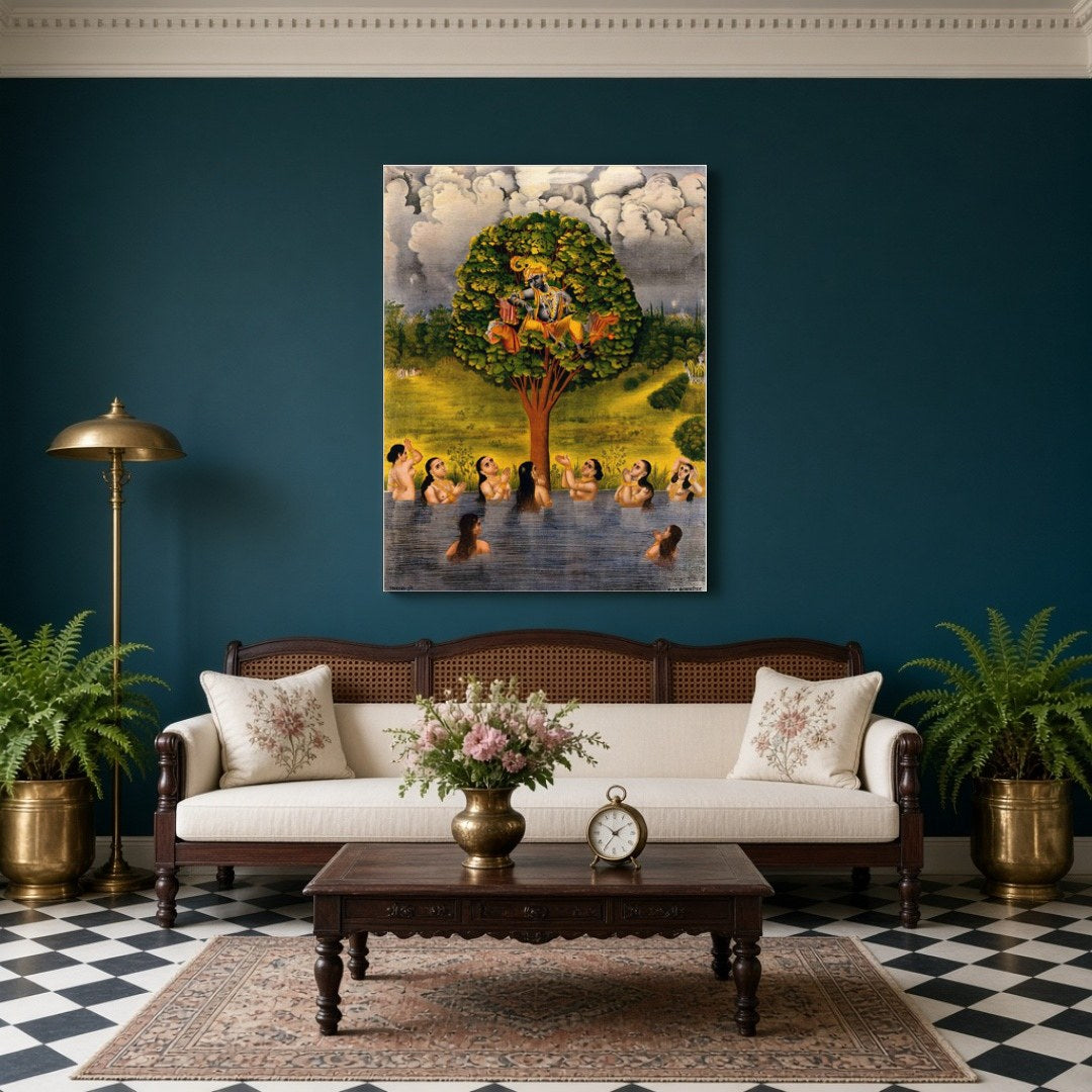 Immerse yourself in the divine allure of Krishna poised gracefully on a vibrant tree, surrounded by for Living Room