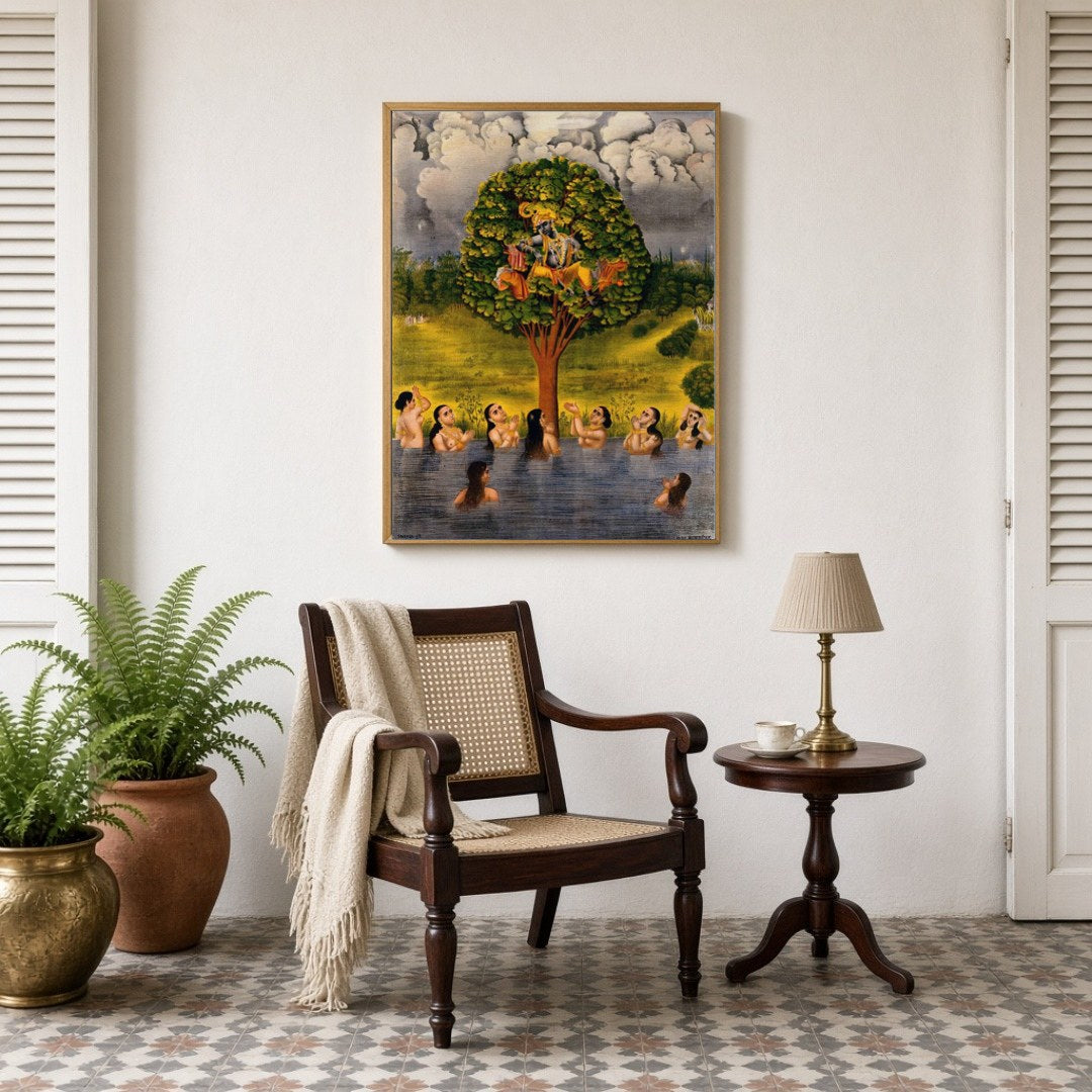 Immerse yourself in the divine allure of Krishna poised gracefully on a vibrant tree, surrounded by for Sitting Lounge