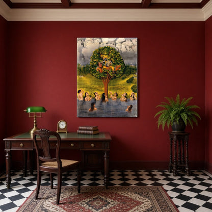 Immerse yourself in the divine allure of Krishna poised gracefully on a vibrant tree, surrounded by for Study