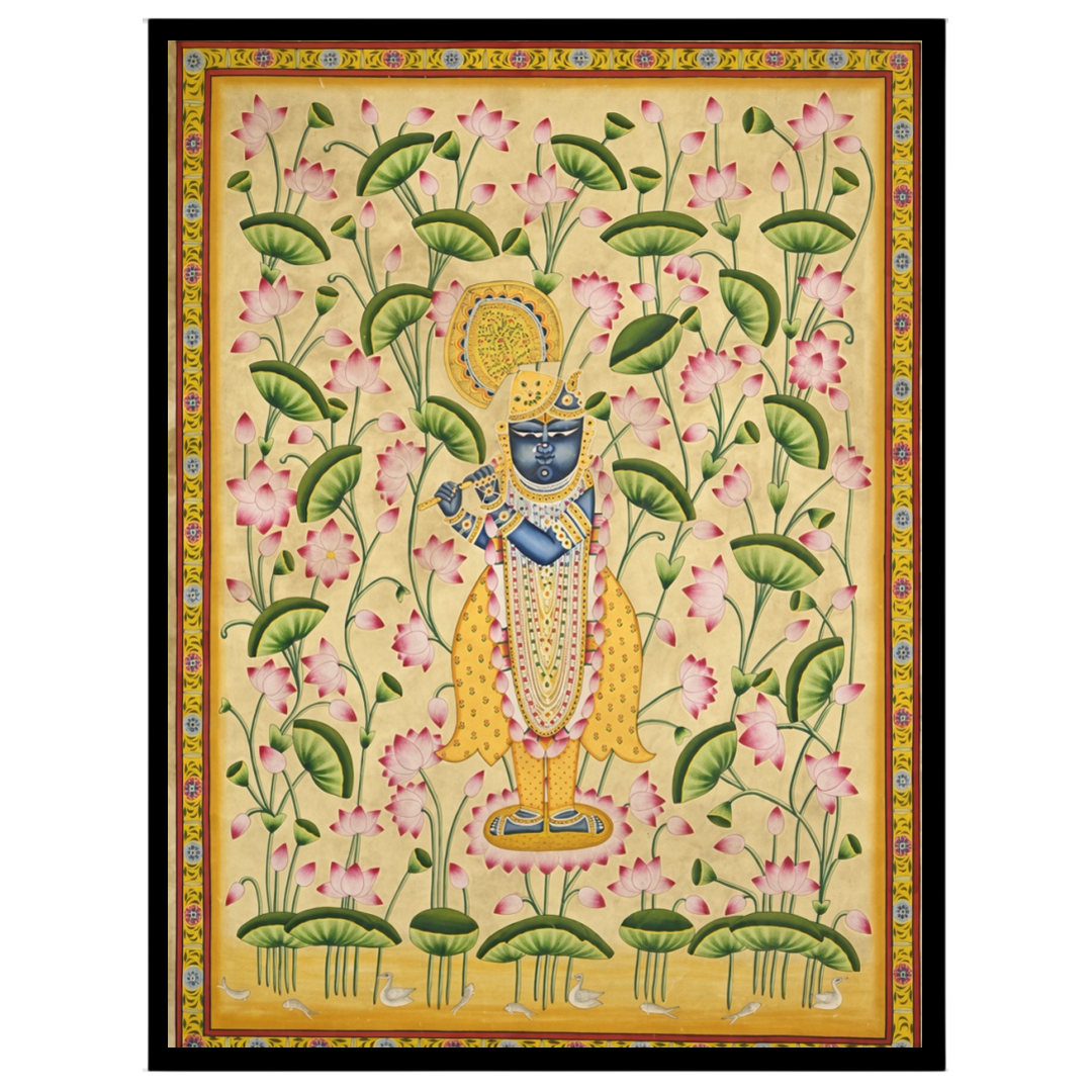 Immerse in the divine charm of Krishna amidst a mesmerizing expanse of pink lotuses. This exquisite for abode