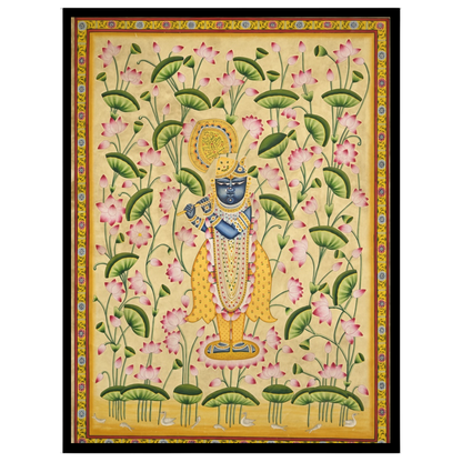 Immerse in the divine charm of Krishna amidst a mesmerizing expanse of pink lotuses. This exquisite for abode