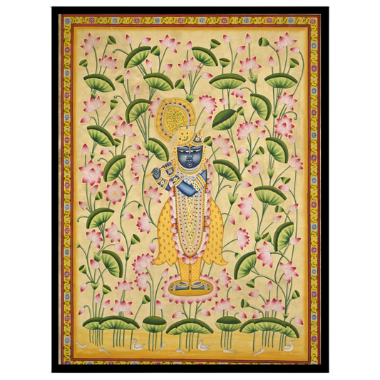 Immerse in the divine charm of Krishna amidst a mesmerizing expanse of pink lotuses. This exquisite for abode
