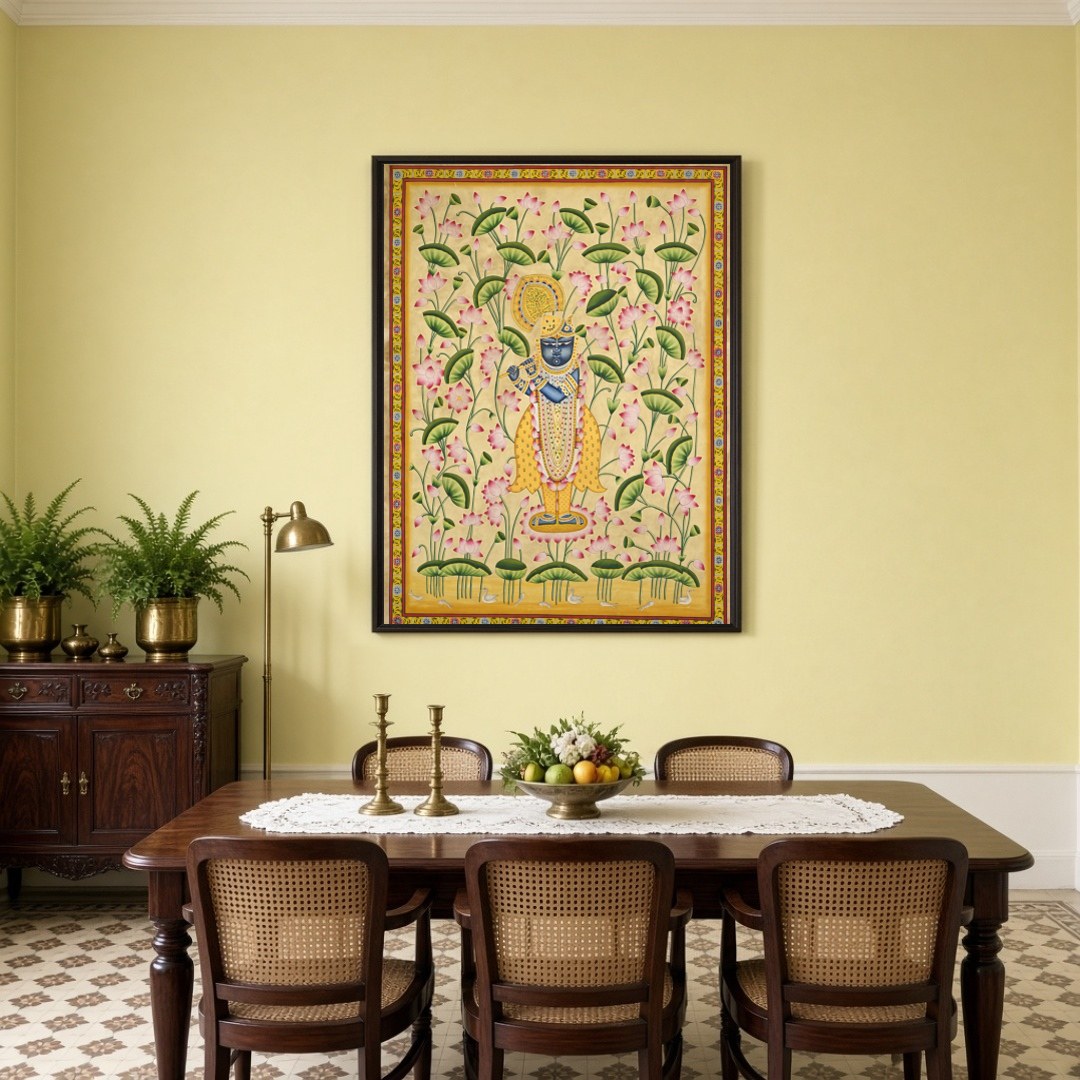 Immerse in the divine charm of Krishna amidst a mesmerizing expanse of pink lotuses. This exquisite for Dining