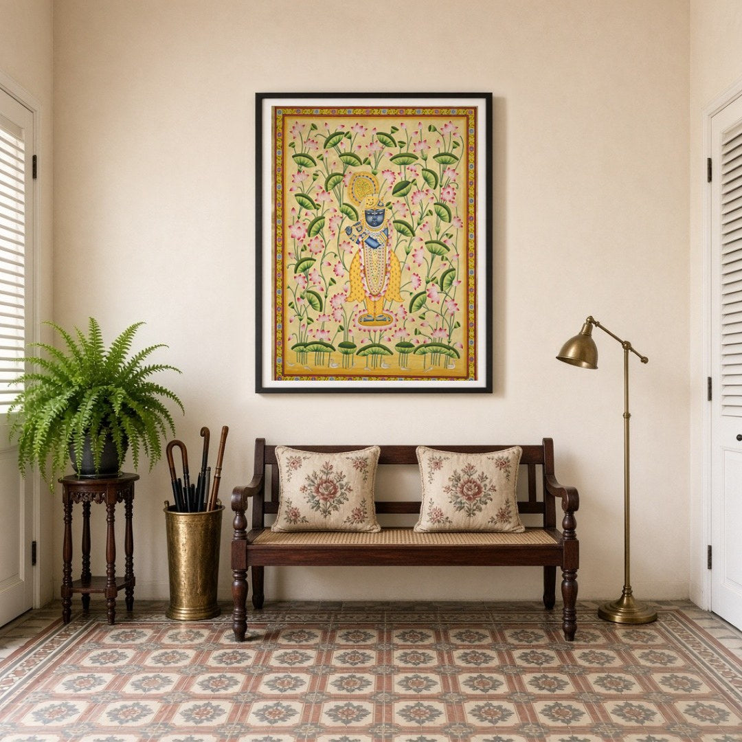 Immerse in the divine charm of Krishna amidst a mesmerizing expanse of pink lotuses. This exquisite for Entrance