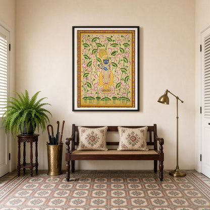 Immerse in the divine charm of Krishna amidst a mesmerizing expanse of pink lotuses. This exquisite for Entrance