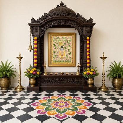 Immerse in the divine charm of Krishna amidst a mesmerizing expanse of pink lotuses. This exquisite for Home Temple