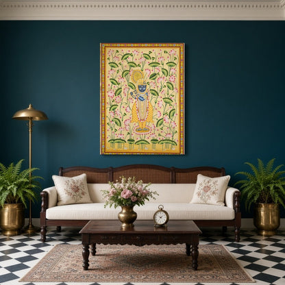 Immerse in the divine charm of Krishna amidst a mesmerizing expanse of pink lotuses. This exquisite for Living Room