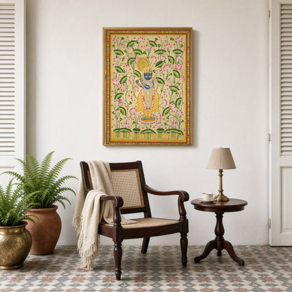 Immerse in the divine charm of Krishna amidst a mesmerizing expanse of pink lotuses. This exquisite for Sitting Lounge
