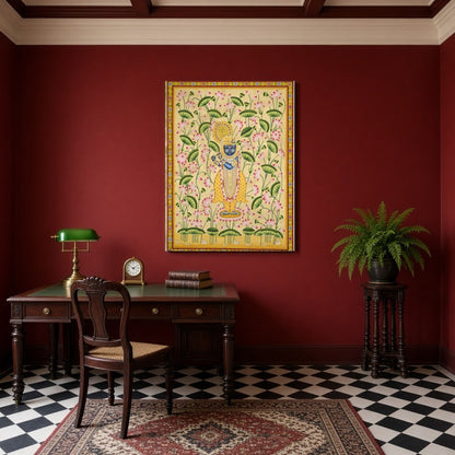 Immerse in the divine charm of Krishna amidst a mesmerizing expanse of pink lotuses. This exquisite for Study