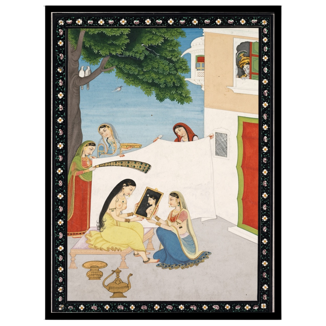 This exquisite artwork captures a serene palace courtyard scene where a lady is attended to by her for bedroom
