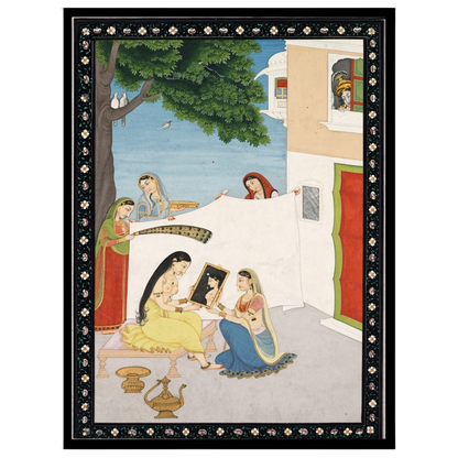 This exquisite artwork captures a serene palace courtyard scene where a lady is attended to by her for bedroom
