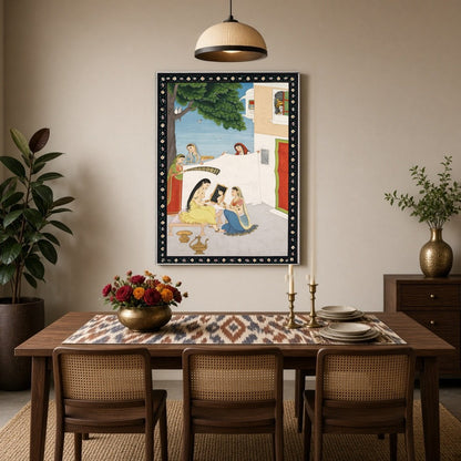 This exquisite artwork captures a serene palace courtyard scene where a lady is attended to by her for Dining