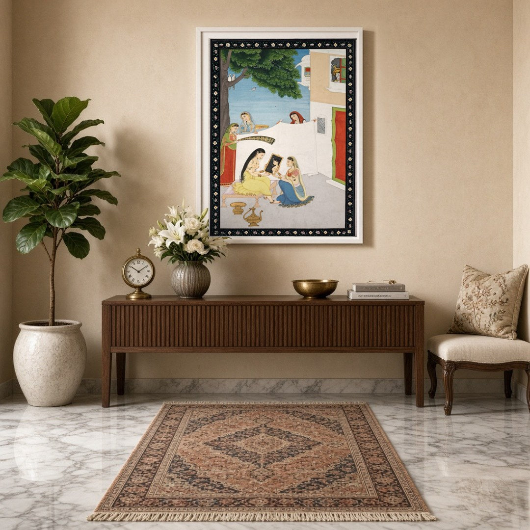 This exquisite artwork captures a serene palace courtyard scene where a lady is attended to by her for Entrance