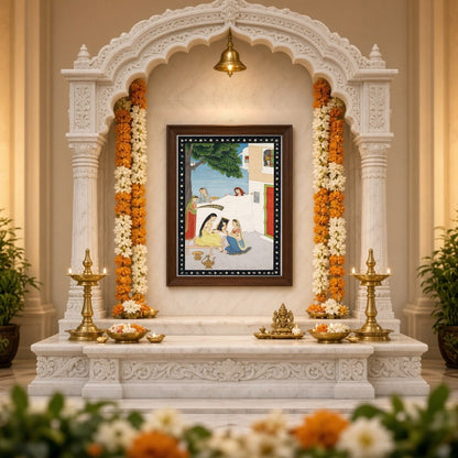 This exquisite artwork captures a serene palace courtyard scene where a lady is attended to by her for Home Temple