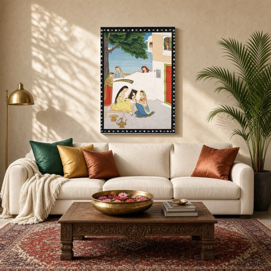 This exquisite artwork captures a serene palace courtyard scene where a lady is attended to by her for Living Room