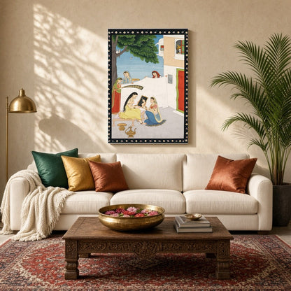 This exquisite artwork captures a serene palace courtyard scene where a lady is attended to by her for Living Room