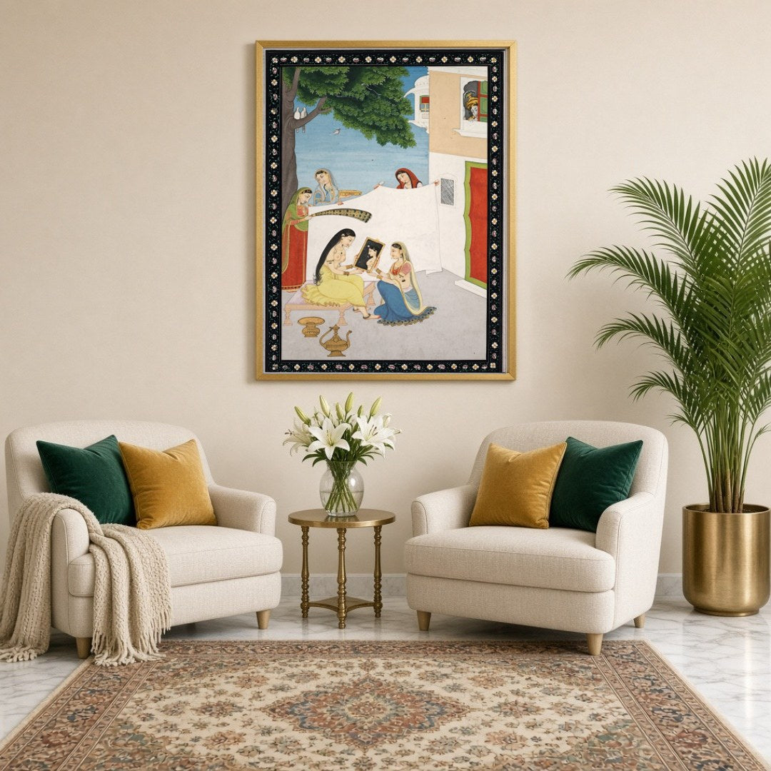 This exquisite artwork captures a serene palace courtyard scene where a lady is attended to by her for Sitting Lounge
