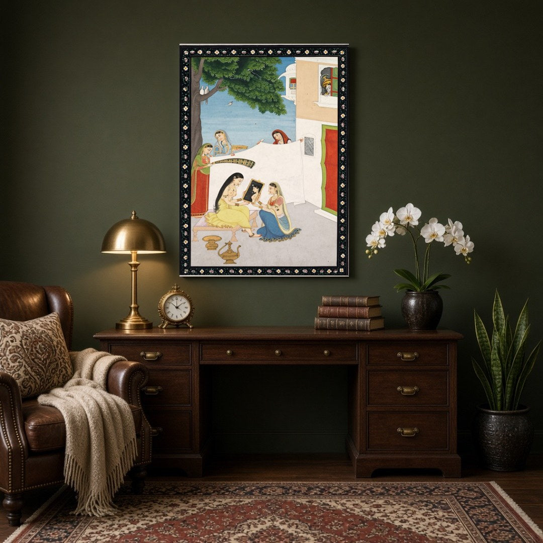This exquisite artwork captures a serene palace courtyard scene where a lady is attended to by her for Study