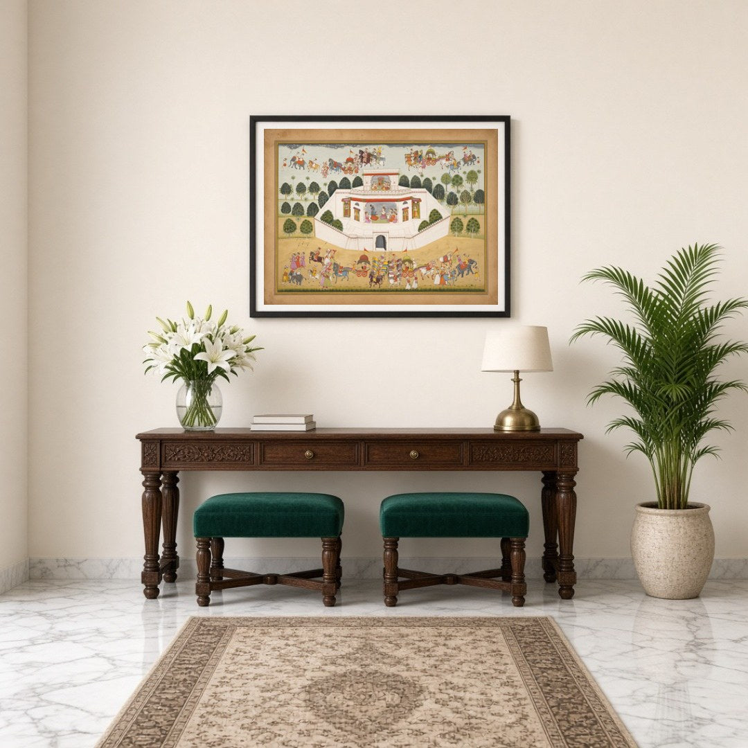 Experience the vibrant celebrations of Krishna’s grand festival procession in this exquisite for Entrance