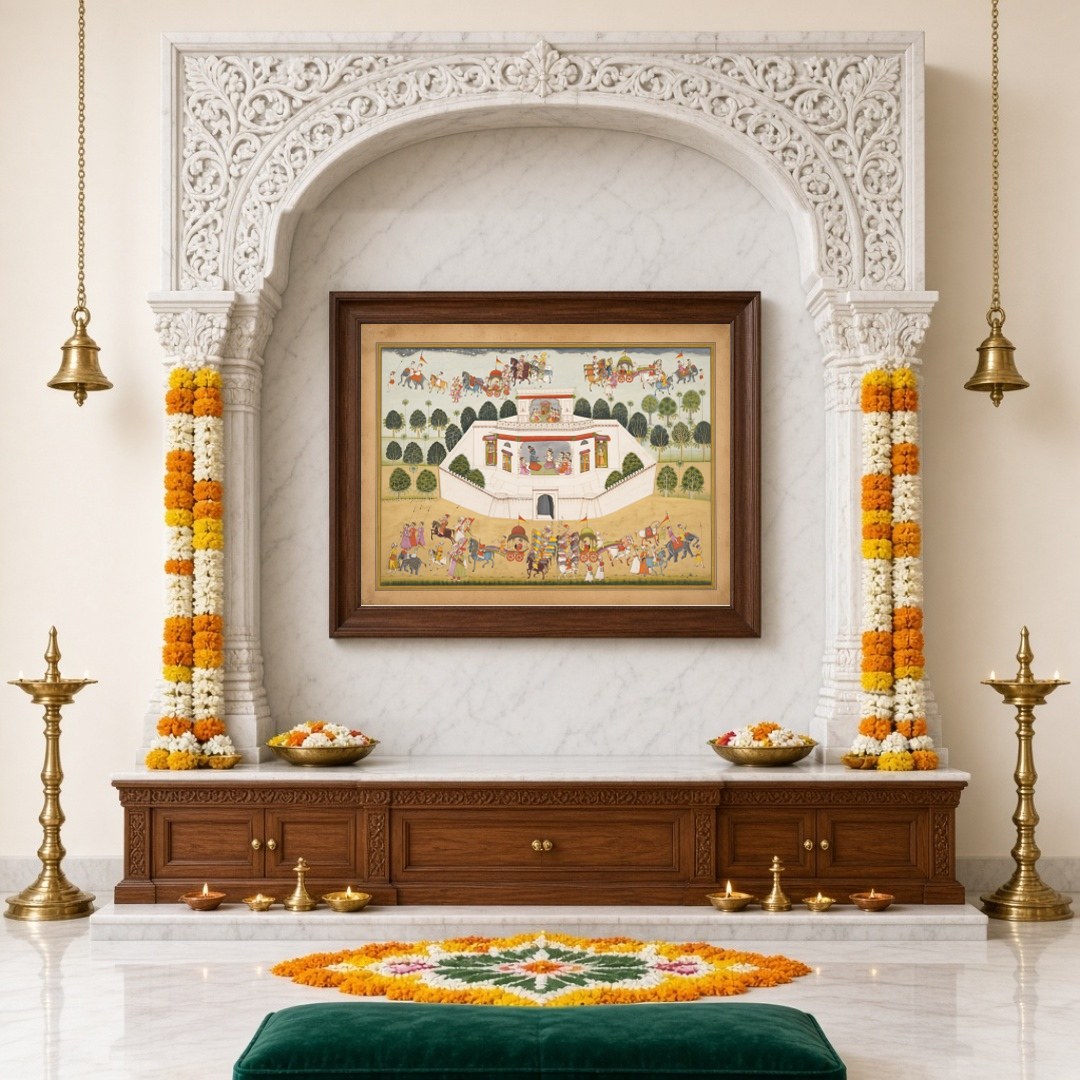 Experience the vibrant celebrations of Krishna’s grand festival procession in this exquisite for Home Temple
