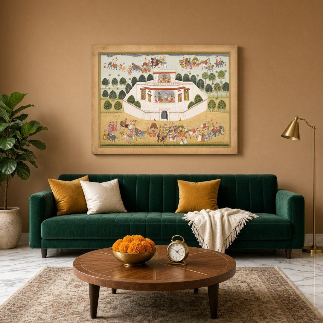 Experience the vibrant celebrations of Krishna’s grand festival procession in this exquisite for Living Room