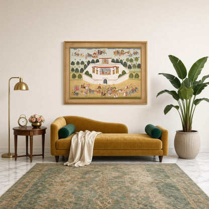 Experience the vibrant celebrations of Krishna’s grand festival procession in this exquisite for Sitting Lounge