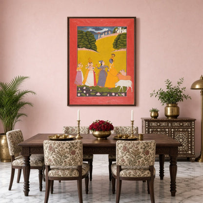 Immerse yourself in the enchanting scene of Krishna amidst gopis along a lotus-strewn bank. The for Dining