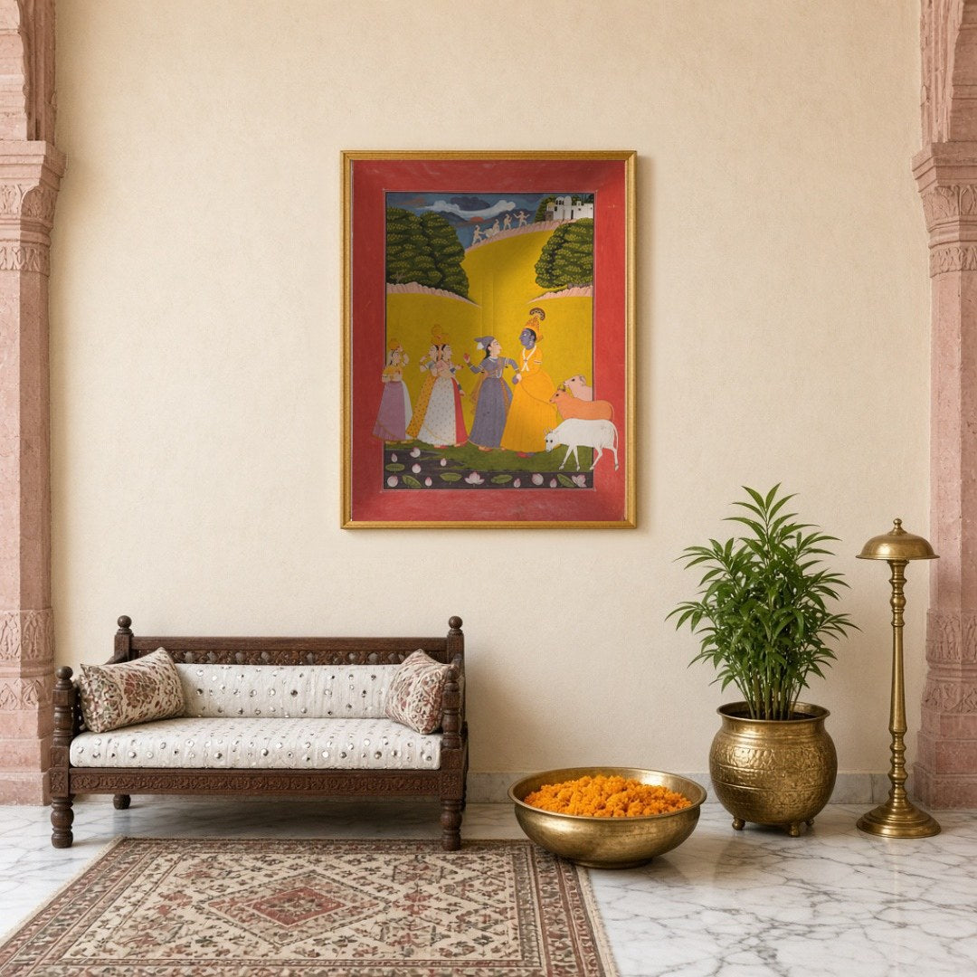 Immerse yourself in the enchanting scene of Krishna amidst gopis along a lotus-strewn bank. The for Entrance
