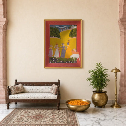 Immerse yourself in the enchanting scene of Krishna amidst gopis along a lotus-strewn bank. The for Entrance