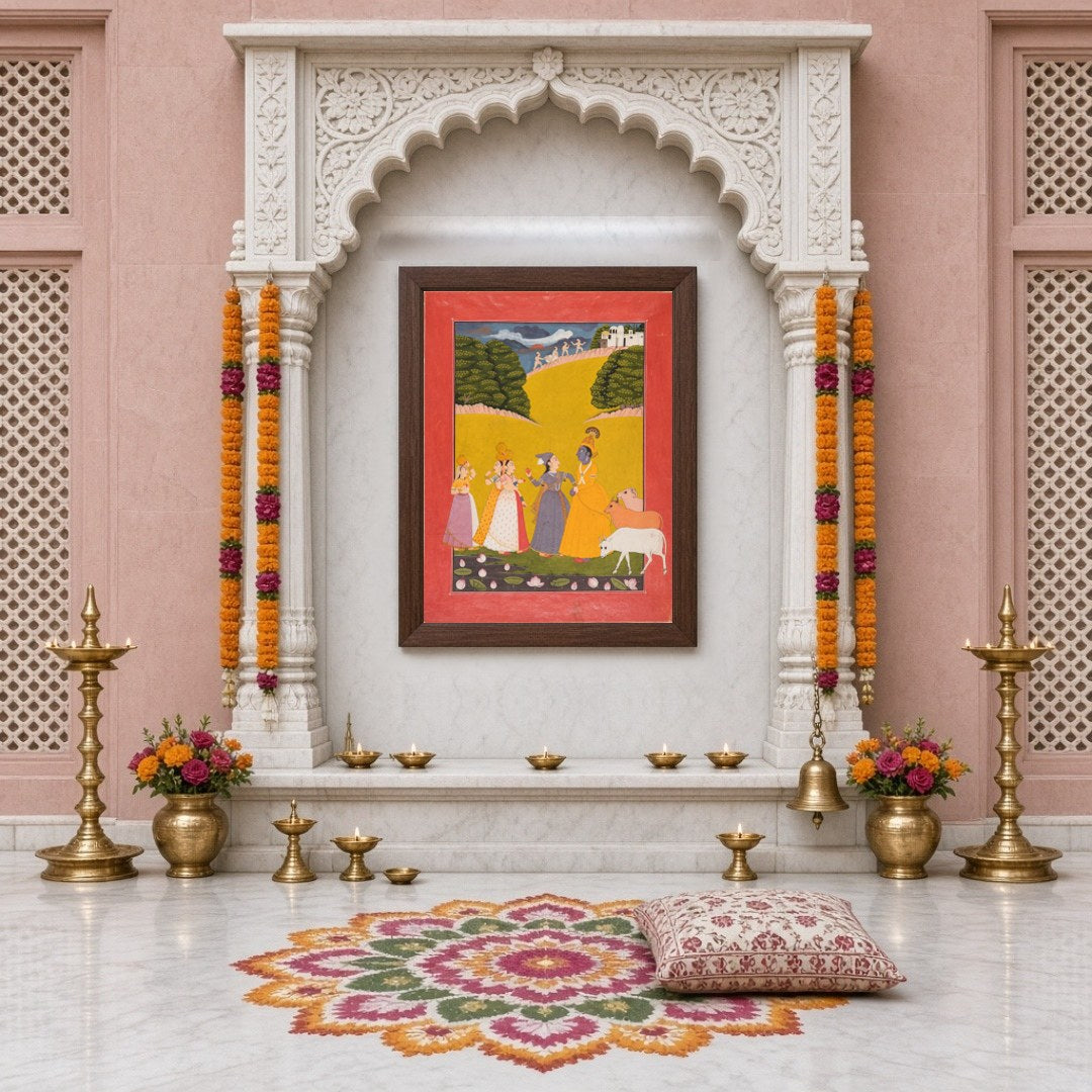 Immerse yourself in the enchanting scene of Krishna amidst gopis along a lotus-strewn bank. The for Home Temple