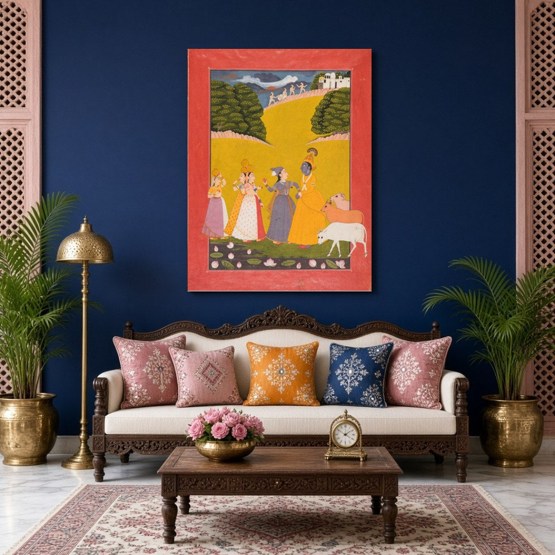 Immerse yourself in the enchanting scene of Krishna amidst gopis along a lotus-strewn bank. The for Living Room