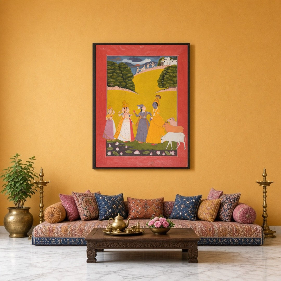 Immerse yourself in the enchanting scene of Krishna amidst gopis along a lotus-strewn bank. The for Sitting Lounge