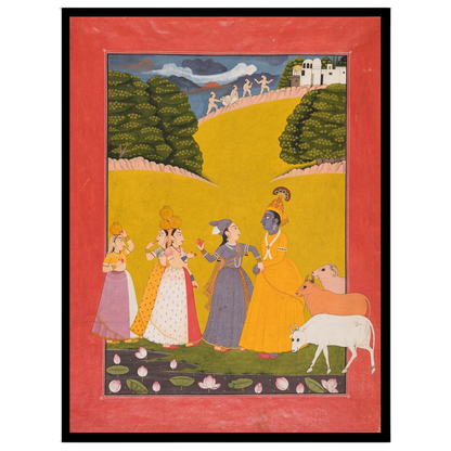 Immerse yourself in the enchanting scene of Krishna amidst gopis along a lotus-strewn bank. The for studio