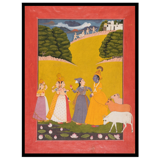 Immerse yourself in the enchanting scene of Krishna amidst gopis along a lotus-strewn bank. The for studio