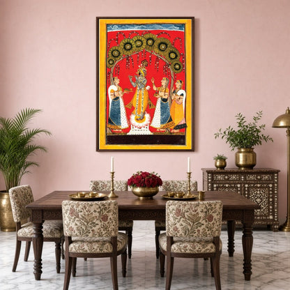 Immerse yourself in the divine melody of 'Krishna's Melodic Allure,' a stunning Pichwai artwork for Dining